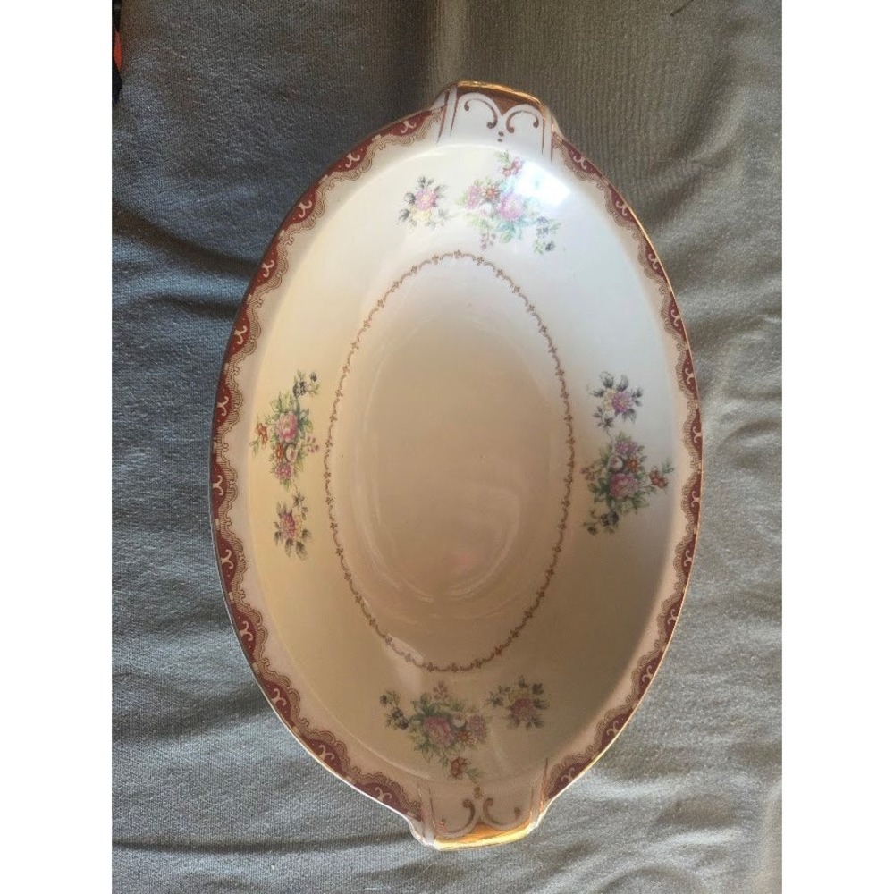 Meito China Ivory China Floral Serving Bowl Gold Trim Maroon Border Vintage